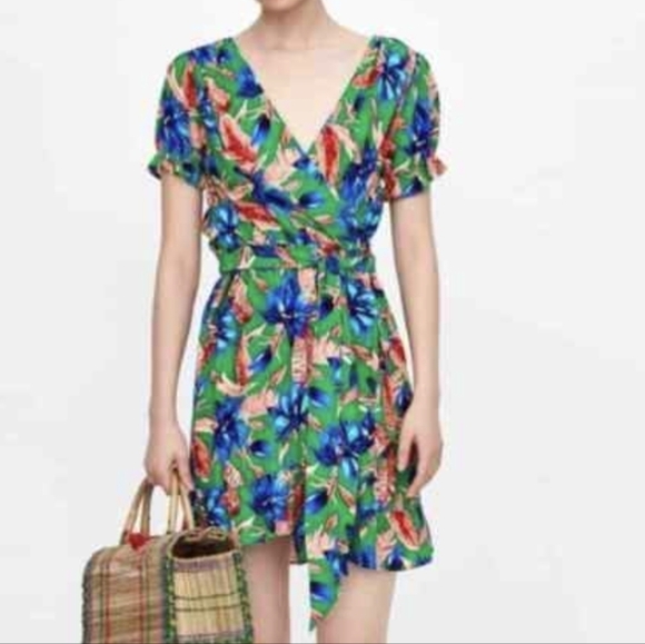 ZARA tropical floral print wrap dress xs - Picture 3 of 16